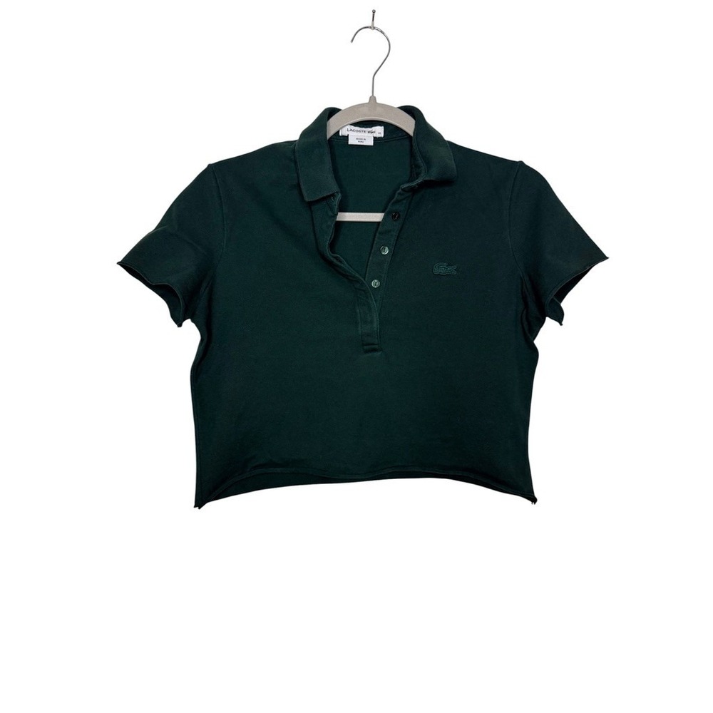 Lacoste Women Forest Green Cropped Pique Polo Shirt Raw Hem Size 40 US M